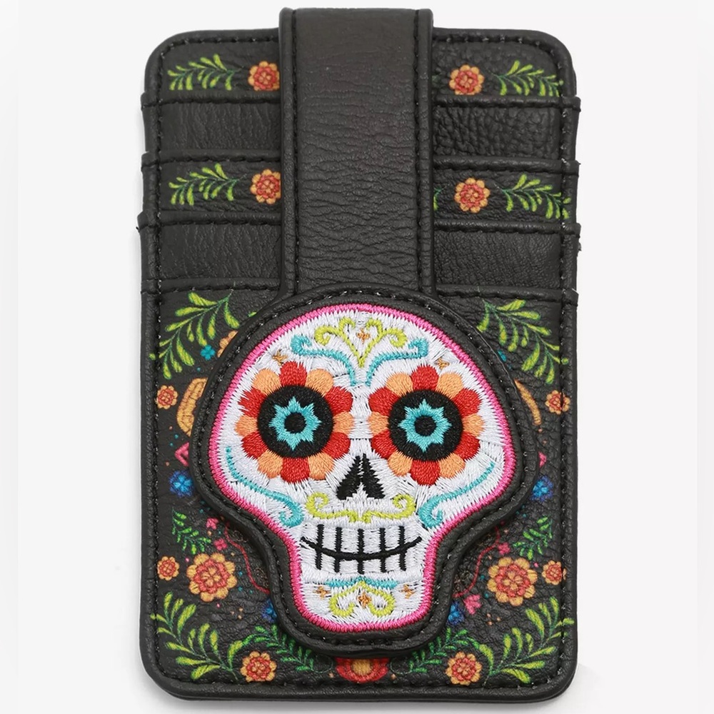 LOUNGEFLY DISNEY PIXAR COCO Floral CARDHOLDER! Embroidered Day of the Dead Skull